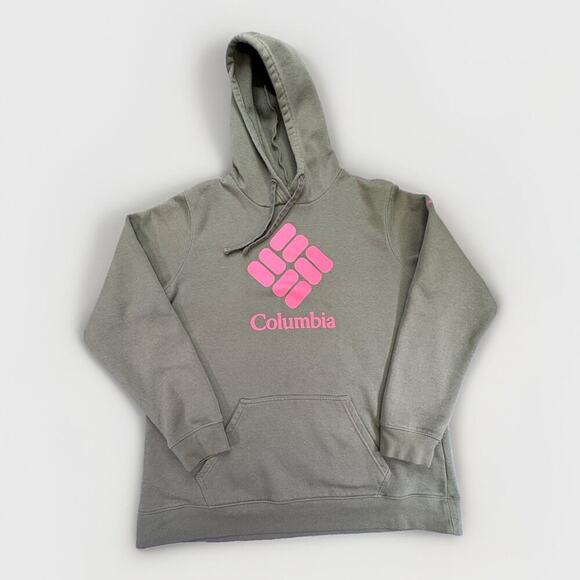 Columbia Tops - Columbia Womens Trek Graphic Hoodie Olive Green Pink Logo Size 1X Plus Size